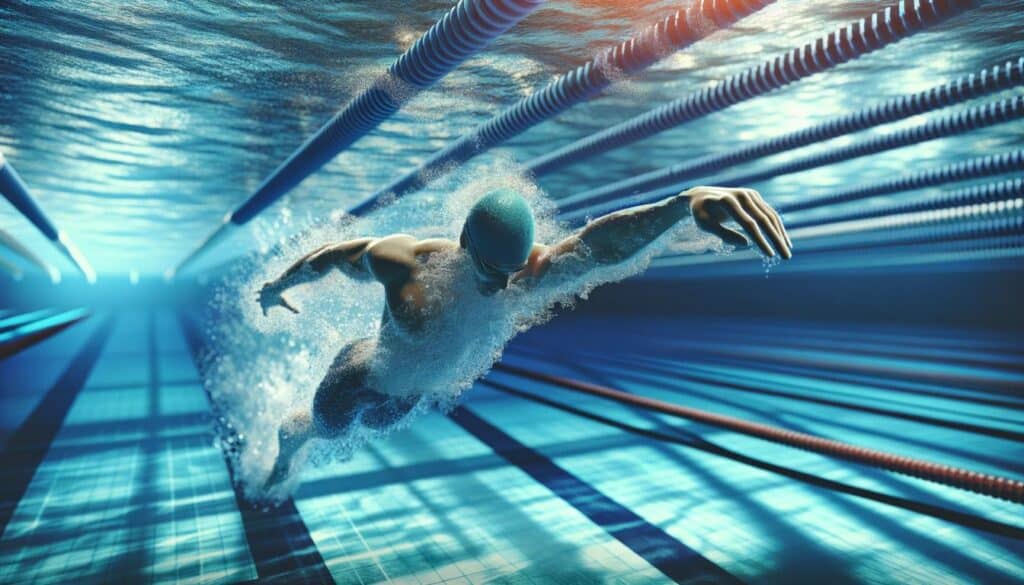 Enhanced Swimming Image: This image captures a swimmer in an Olympic-size pool, with brighter colors and more detailed representation of the water and swimmer's movements.