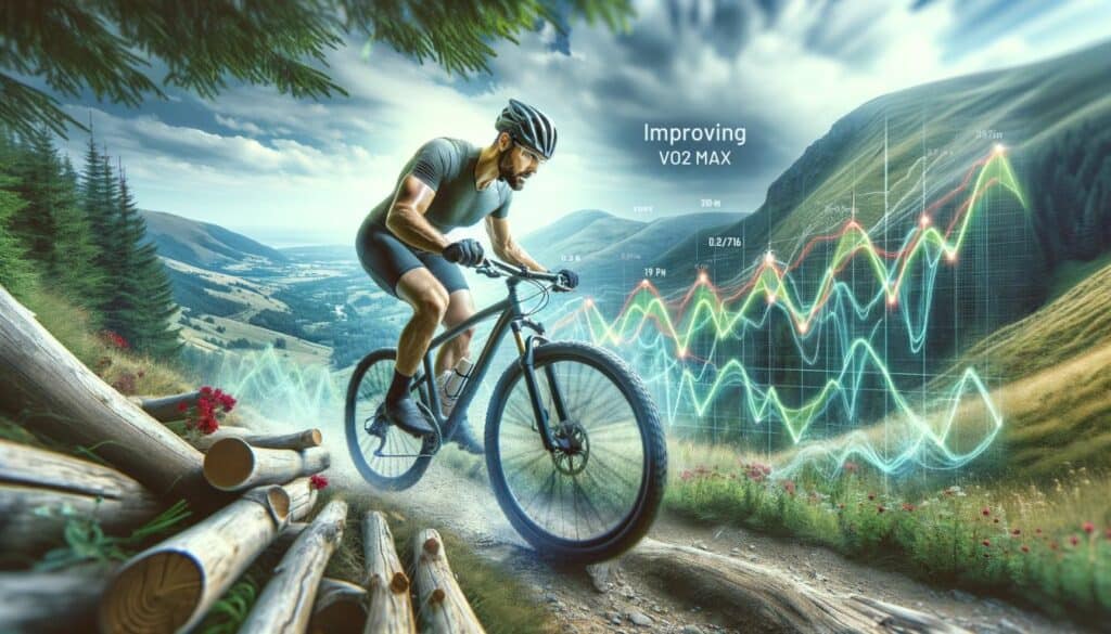 Enhanced Uphill Cycling Image: The image shows an individual cycling uphill on a mountain trail, with enhanced quality, vibrant colors, and clear details.