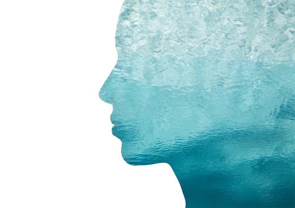 beauty, nature, travel and ecology concept - portrait of woman profile with sea water with double exposure effect