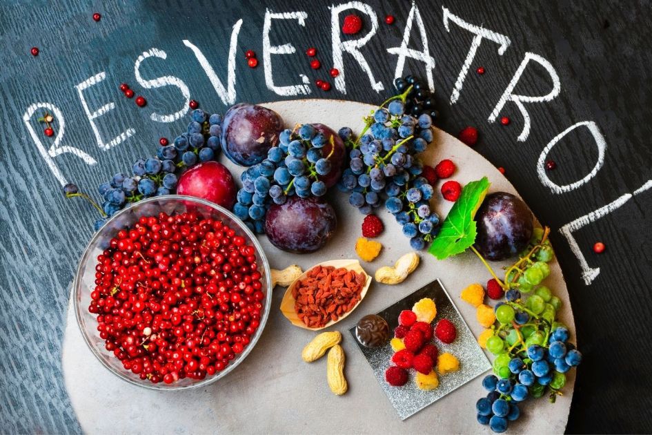 Resveratrol is present in grapes and red wine in greater quantity and peanuts, nuts, cocoa, and berries, such as blackberries and blueberries.