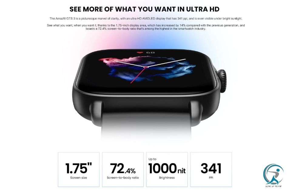 Amazfit GTS 3 is equipped with a 1.75-inches large display with AMOLED Ultra HD resolution