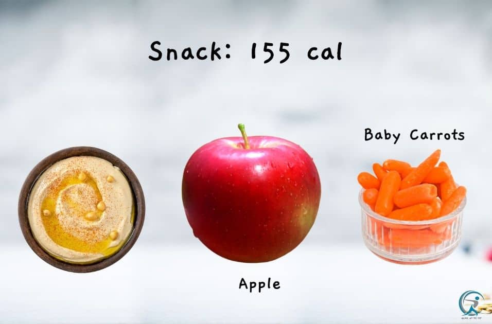 Snack: 1/4 cup hummus with 1 apple and 6 baby carrots. (155 calories)