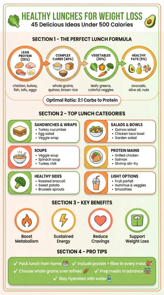 Weight loss infographic showing healthy lunch options, nutritional breakdown, and meal categories