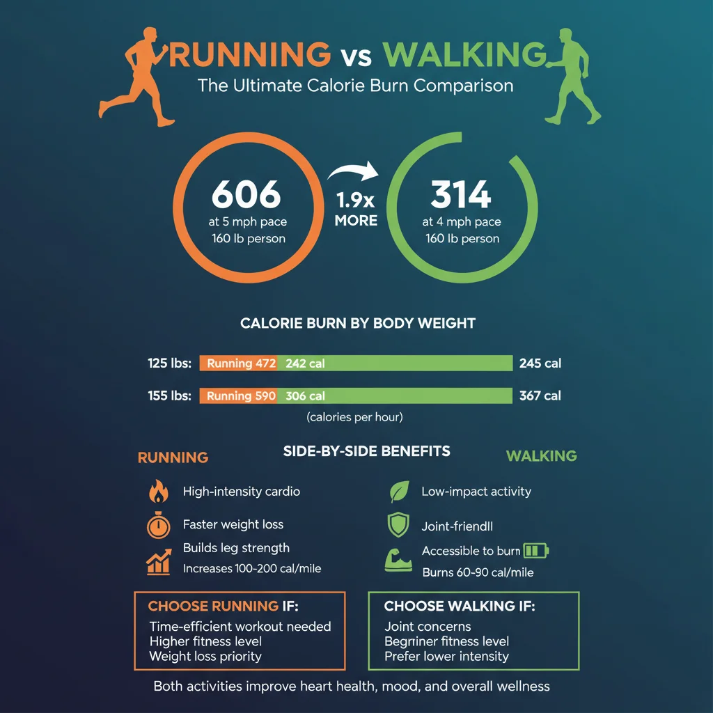 Running vs walking calories comparison graphic with calorie burn statistics and benefits for each activity