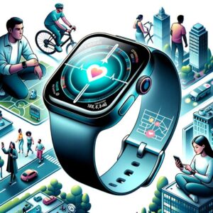 Illustration of a cutting-edge smartwatch with a luminescent display, capturing the essence of modern technology. In its vicinity, vignettes depict a Hispanic man cycling and monitoring his heart rate, a Middle Eastern woman using her watch for turn-by-turn directions in an urban landscape, and a diverse group of friends sharing multimedia messages via their watches. - The Best Smartwatches of 2023