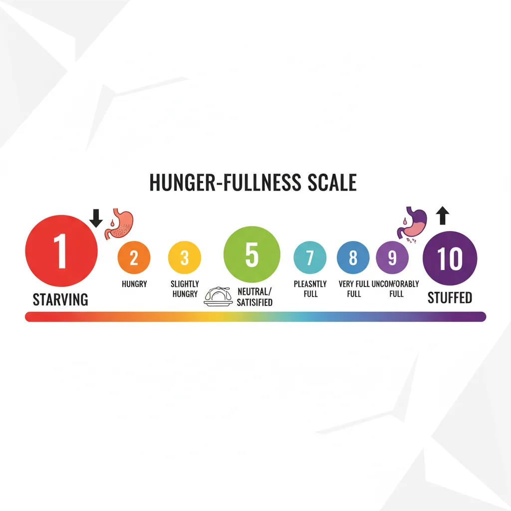 Hunger Fullness Scale Infographic for a diet without anxiety, illustrating mindful eating levels.
