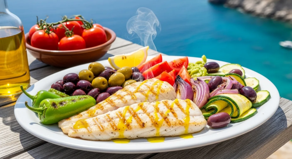 Mediterranean diet plate: fresh fish, olives, tomatoes, veggies, olive oil drizzle, sunny Greek table, appetizing steam, high energy food porn style Mediterranean diet plate: fresh fish, olives, tomatoes, veggies, olive oil drizzle, sunny Greek table, appetizing steam, high energy food porn style
