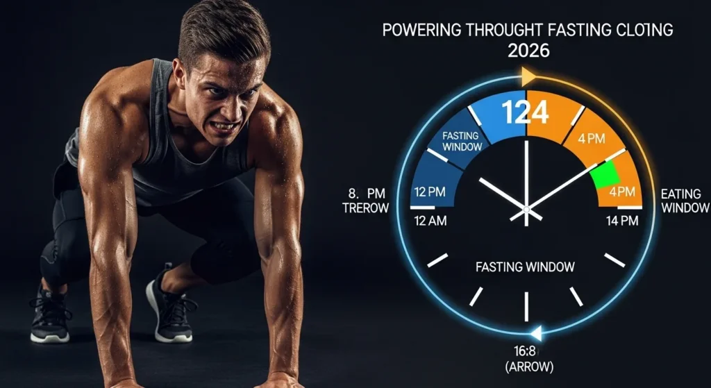 Intermittent fasting clock graphic with eating window, fit person working out hungry fierce expression, fat burning fire effects, motivational 2026 trend