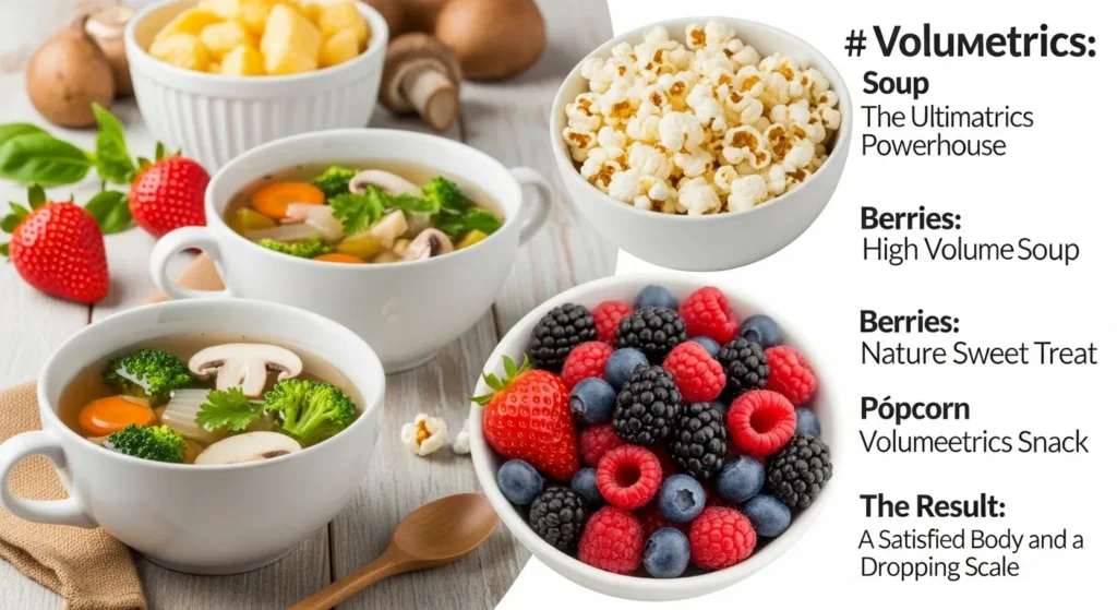 Volumetrics diet: huge bowl soup, berries, popcorn low-cal high-volume, happy eater satisfied face, scale dropping graphic overlay