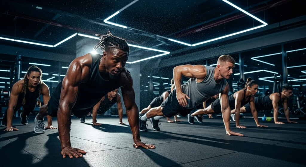 image High-intensity interval training HIIT workout in progress with a person running on a treadmill.