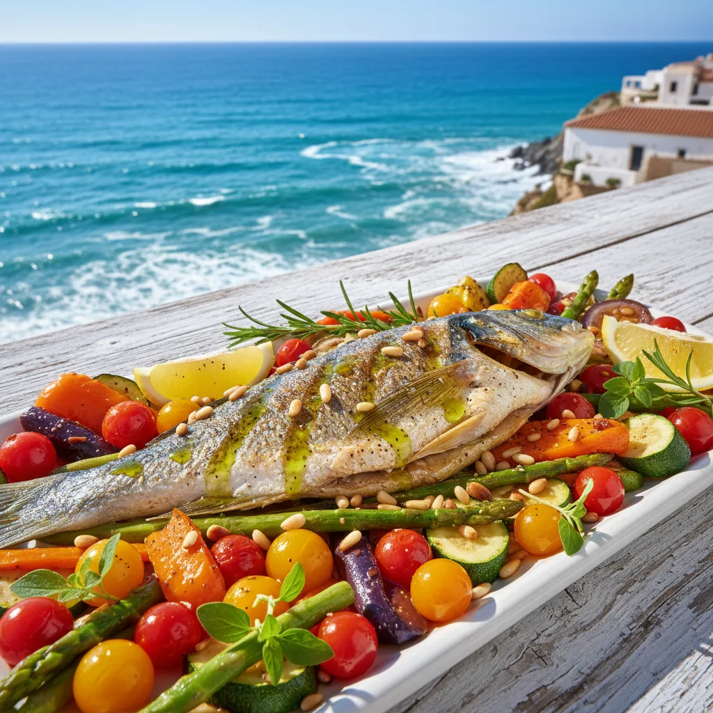 Vibrant Mediterranean meal: grilled fish, olive oil drizzle, colorful veggies, nuts on blue ocean backdrop, high-energy food photography, 2026 style Vibrant Mediterranean meal: grilled fish, olive oil drizzle, colorful veggies, nuts on blue ocean backdrop, high-energy food photography, 2026 style