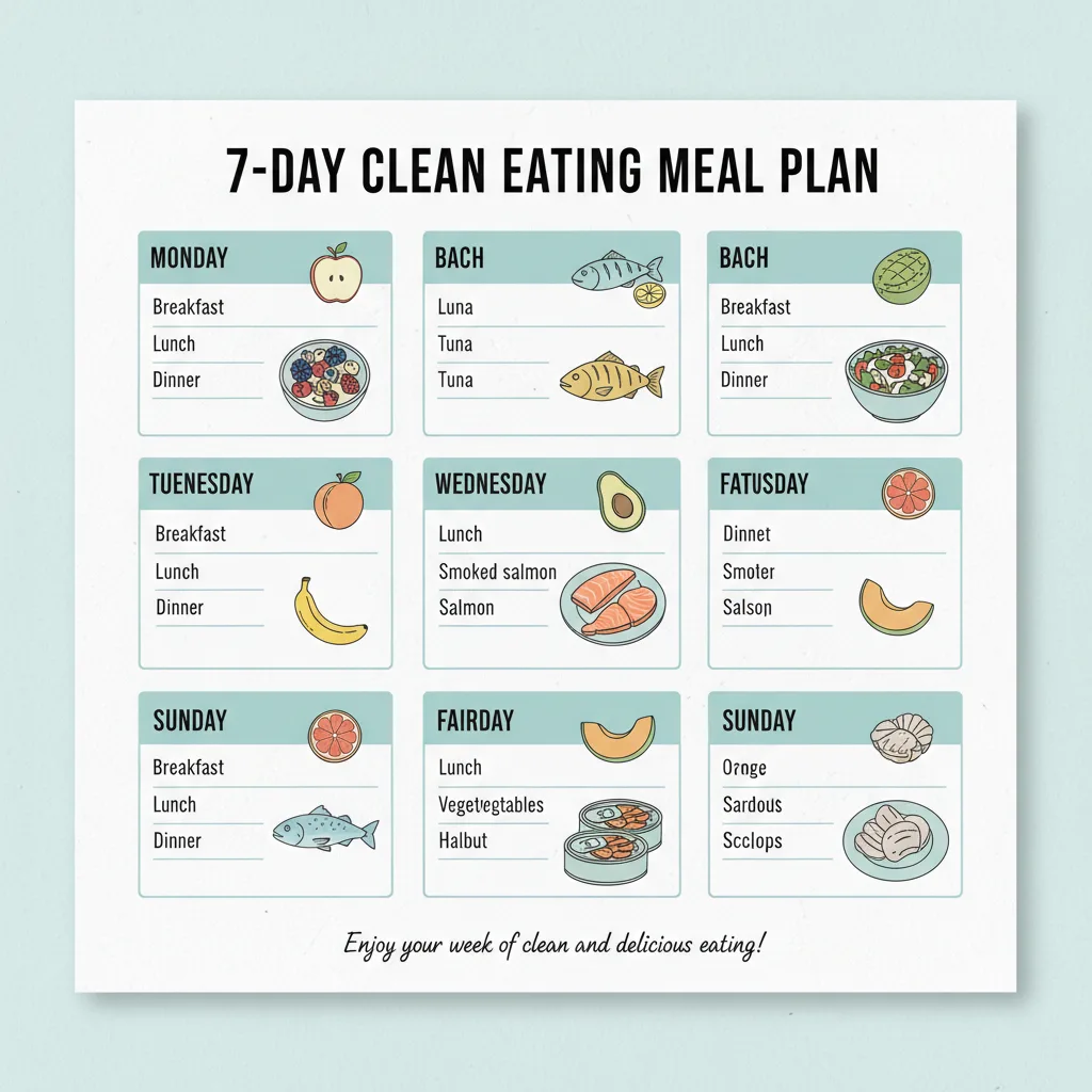 7-day meal plan calendar: simple plates of salads, fish, fruits—clean, appetizing, printable style 7-day meal plan calendar: simple plates of salads, fish, fruits—clean, appetizing, printable style