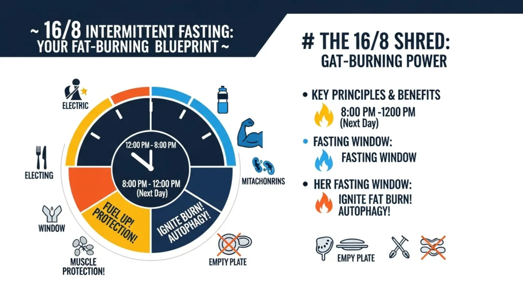 High-energy infographic of 16/8 intermittent fasting schedule for weight loss, showing fasting hours and eating window with fat-burning icons, vibrant colors, Alex Hormozi style bold text.