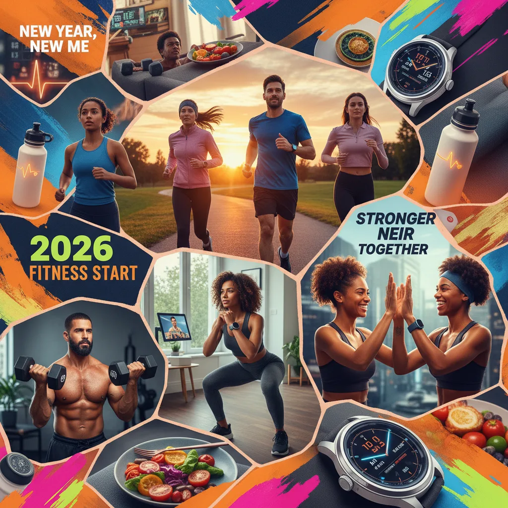 Dynamic collage of diverse men and women starting fitness journeys in 2026: running outdoors, home bodyweight squats, weight training, smiling post-workout, modern wearables, vibrant colors, motivational energy.