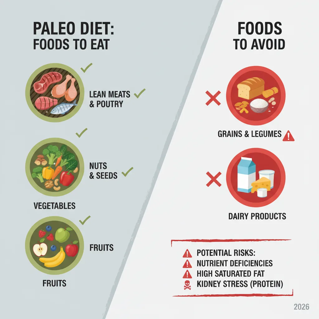 Infographic of Paleo diet foods: meats, veggies, nuts, no grains/dairy, with red warning icons for risks, modern 2026 style. Infographic of Paleo diet foods: meats, veggies, nuts, no grains/dairy, with red warning icons for risks, modern 2026 style.
