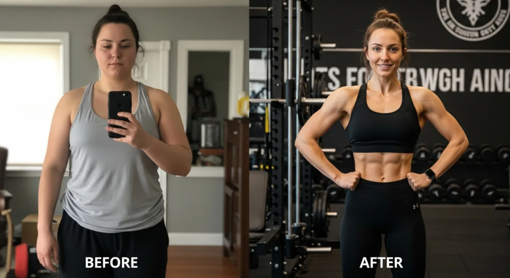 Before-after transformation photo of person using intermittent fasting for weight loss, muscular lean body, motivational gym background, 2024 realistic.