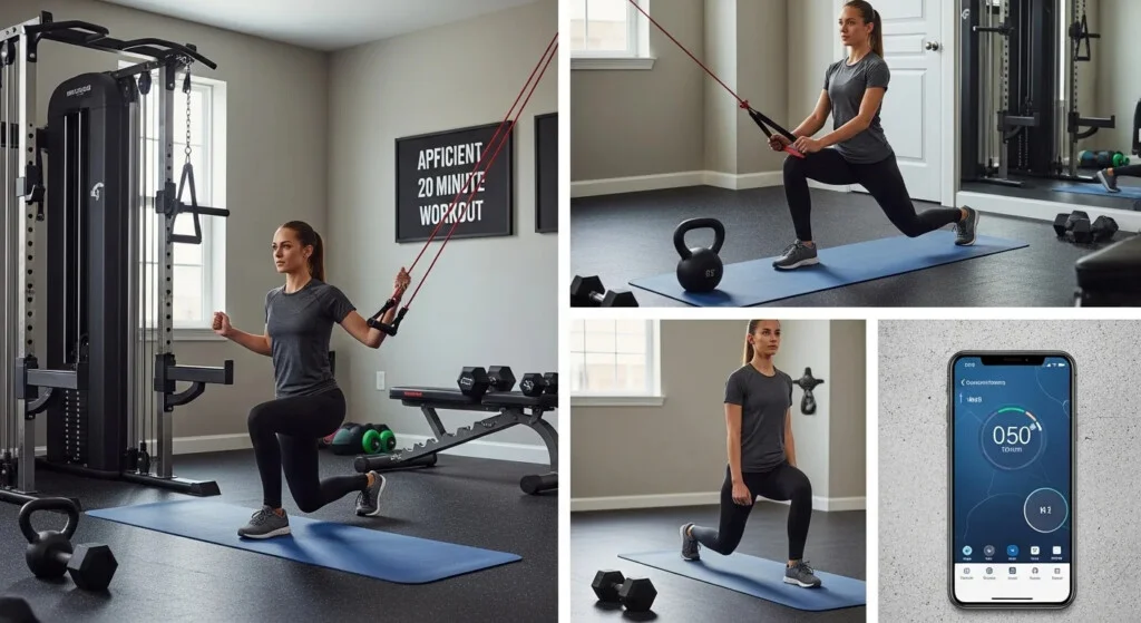 20 Min Full Body Workout - Guide Image 2 Woman performing a full body workout exercise with dumbbells in a home gym setting.