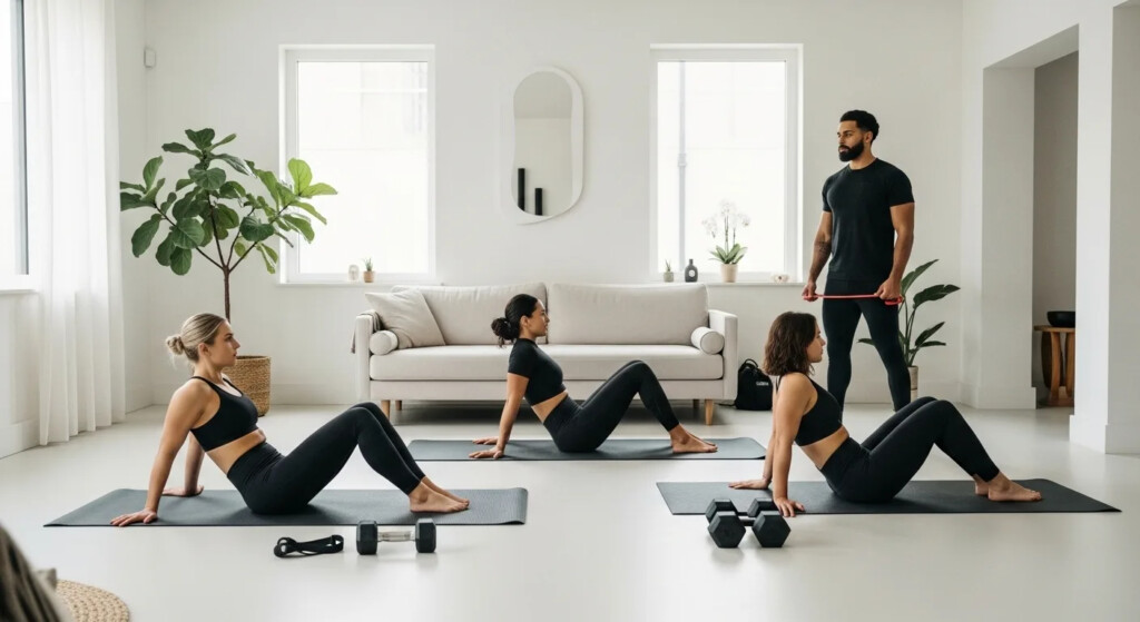 Woman performing full body workout with dumbbells in a home gym setting.