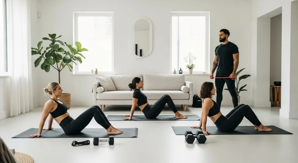 20 Min Full Body Workout - Featured Image 1 Woman performing full body workout with dumbbells in a home gym setting.