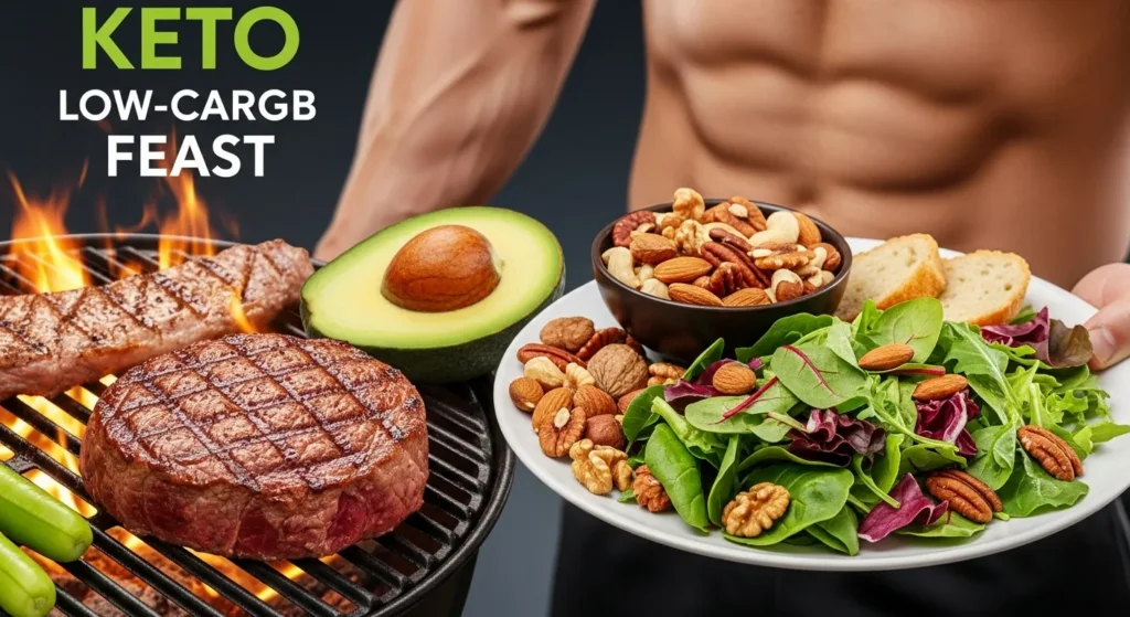 Low-carb feast: steak, avocado, nuts, greens no bread, sizzling grill, muscle-bound athlete plate, keto energy burst illustration