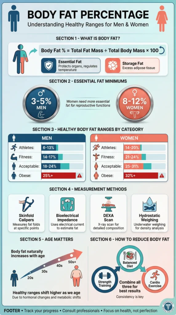 Detailed infographic on body fat percentages for men and women, showing healthy ranges, measurement methods, and tips for reducing body fat