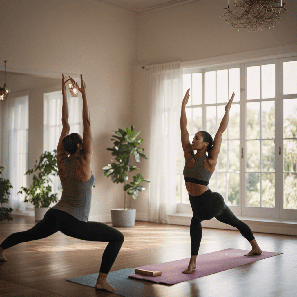 An image showcasing a serene yoga session in progress, with a practitioner engaged in various calorie-burning poses like the Warrior II and Tree pose, surrounded by soft natural lighting and a sense of tranquility