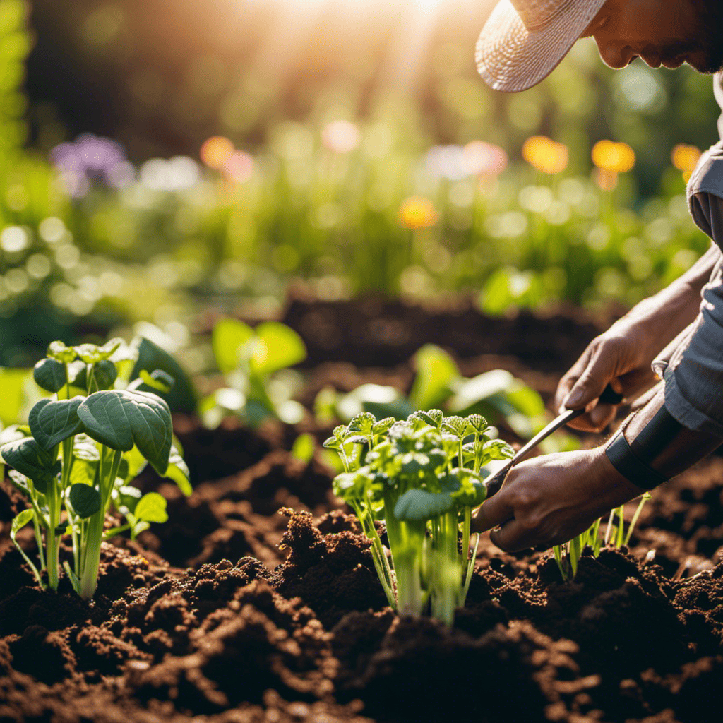 An image that captures the essence of burning calories while gardening: a person energetically digging in a vegetable patch, sweat glistening on their forehead as they plant seeds under the warm sun