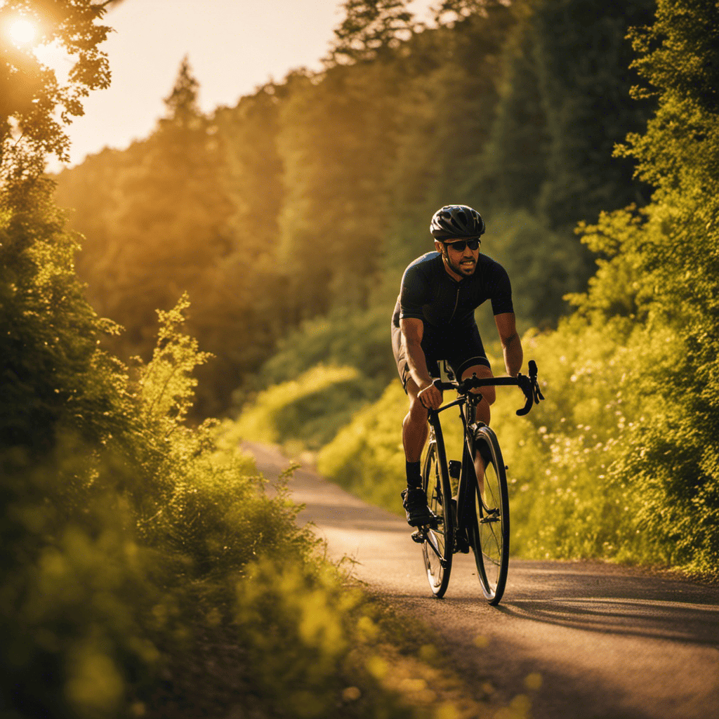 An image showcasing a cyclist pedaling along a scenic trail, surrounded by vibrant greenery and basking in golden sunlight
