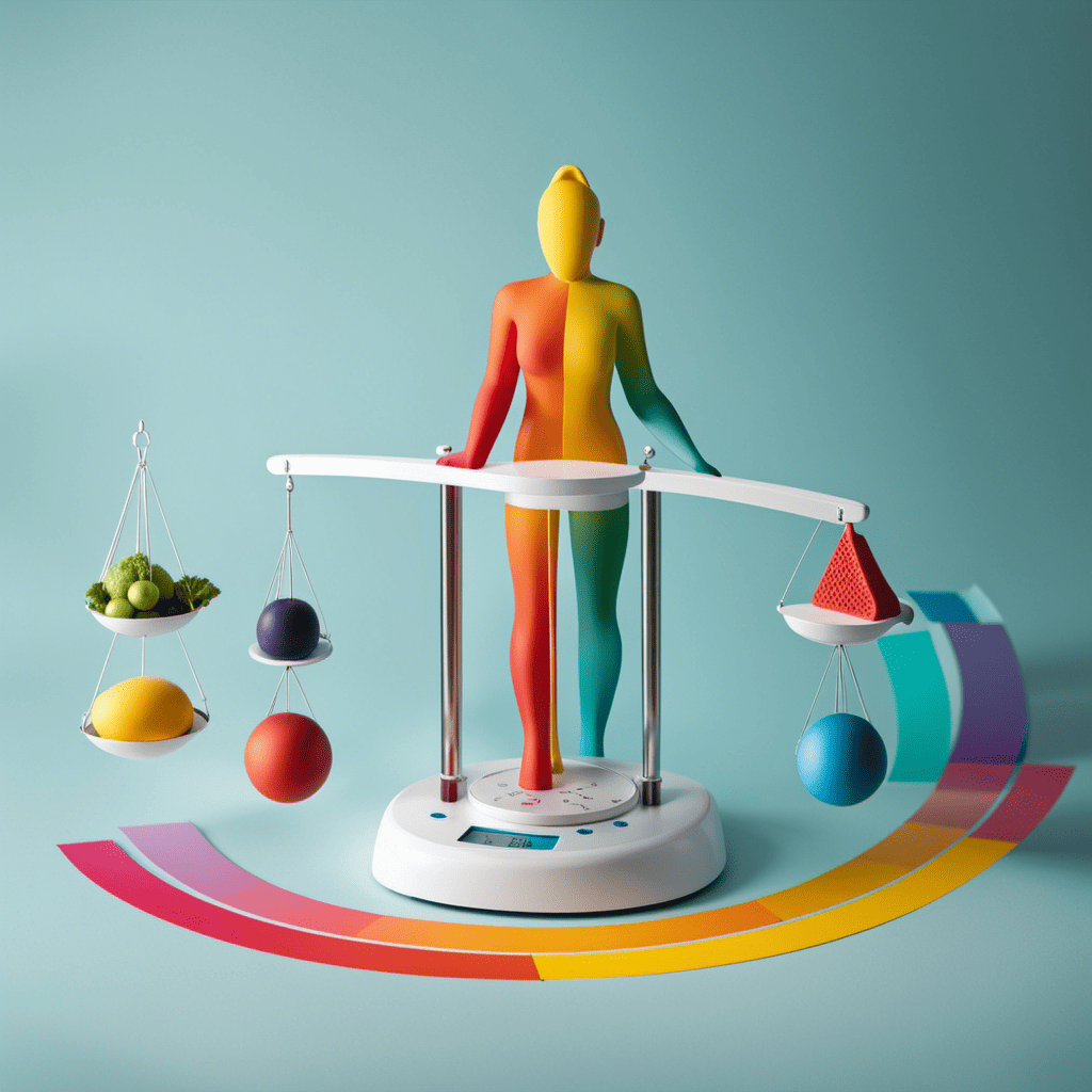 An image that showcases a person standing on a scale, with colorful arrows representing the breakdown of their daily calorie needs: Basal Metabolic Rate, Physical Activity, and Thermic Effect of Food