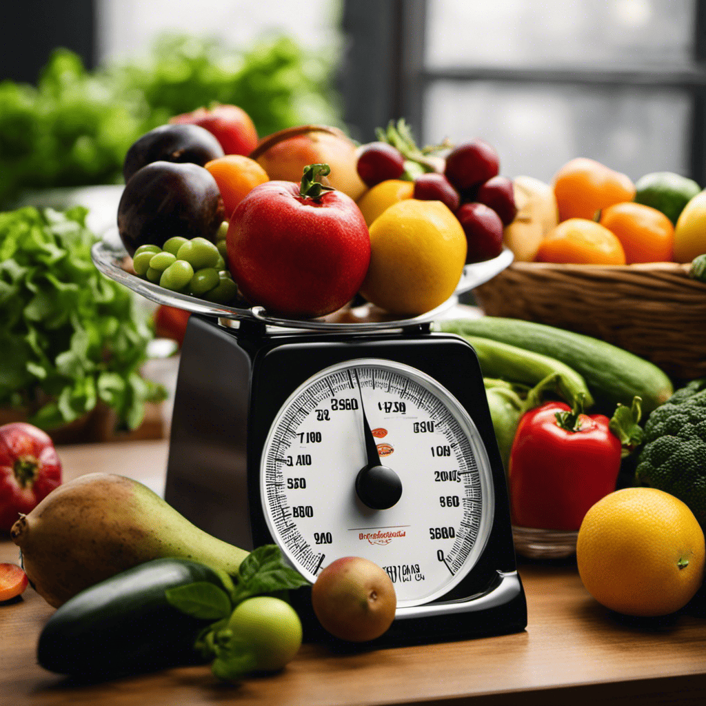 An image showcasing a kitchen scale with a variety of fresh fruits and vegetables next to it, while a person diligently weighs their portion sizes