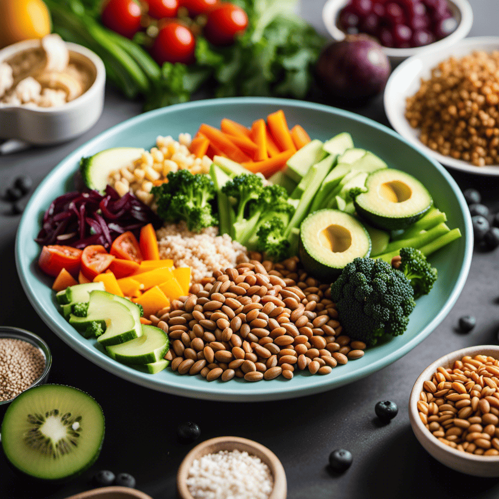 An image showcasing a colorful plate filled with a variety of nutrient-dense foods, including lean proteins, whole grains, vibrant vegetables, and healthy fats, perfectly illustrating how to build a balanced meal plan