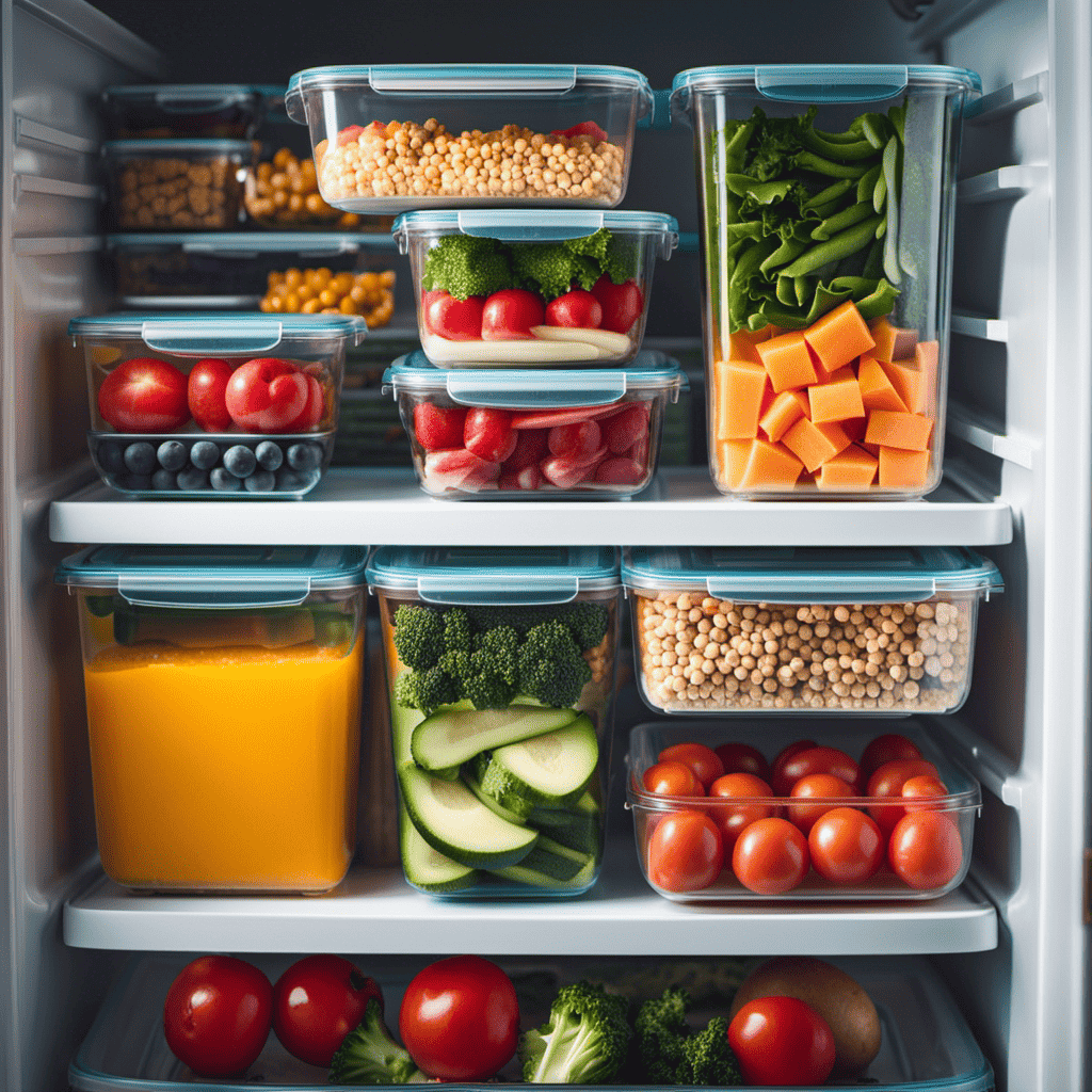 An image capturing a neatly organized refrigerator filled with colorful meal prep containers, showcasing a variety of portioned meals including lean proteins, vibrant vegetables, and whole grains, ready for a week of nourishing and calorie-controlled eating