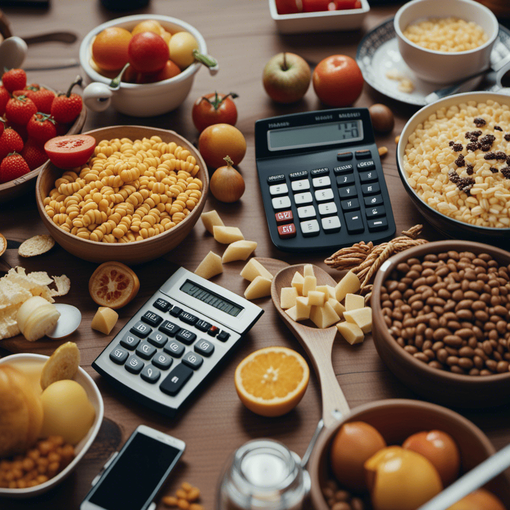 An image showcasing a person surrounded by various food items and a calculator, carefully measuring and calculating their personal calorie intake