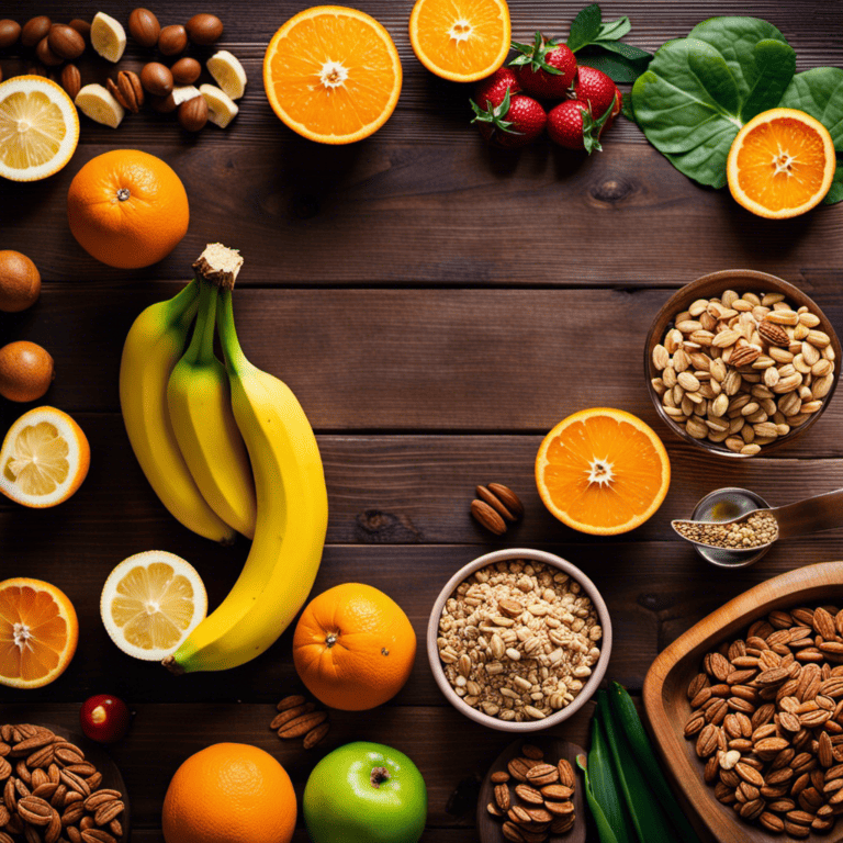 An image showcasing a vibrant assortment of nutrient-rich foods, like ripe bananas, juicy oranges, energy-packed granola bars, and a colorful array of vegetables, all arranged on a rustic wooden table