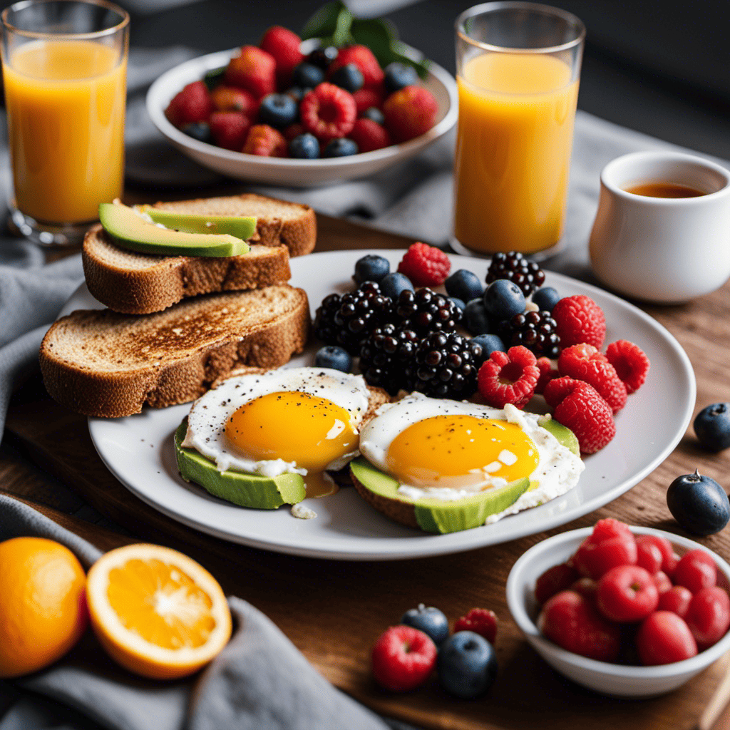 An image depicting a runner's breakfast spread, showcasing a balanced meal of whole grain toast topped with avocado and eggs, accompanied by a bowl of mixed berries and a glass of orange juice