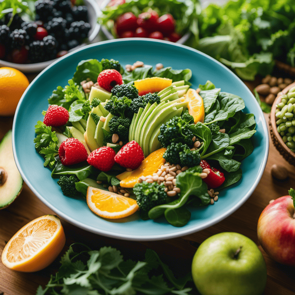 An image of a colorful plate filled with nutrient-rich foods like leafy greens, lean proteins, whole grains, and fruits, symbolizing the essential nutrients for runners' endurance