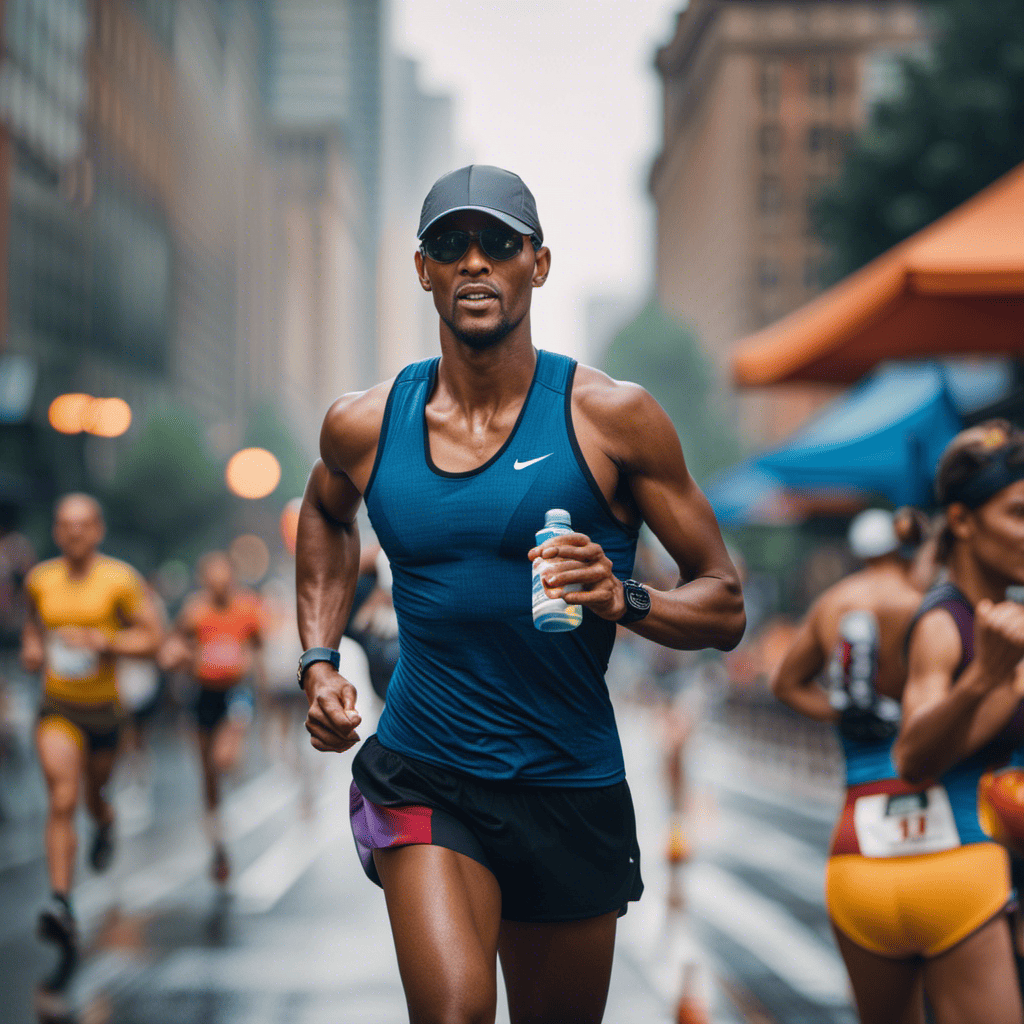 An image showcasing a marathon runner in action, drenched in sweat, sipping from a water bottle with electrolyte-infused fluids