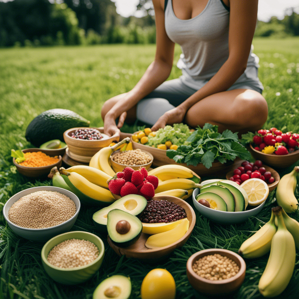 An image depicting a serene runner stretching on a grassy field, surrounded by colorful bowls filled with nutrient-rich foods like bananas, avocado, quinoa, and leafy greens