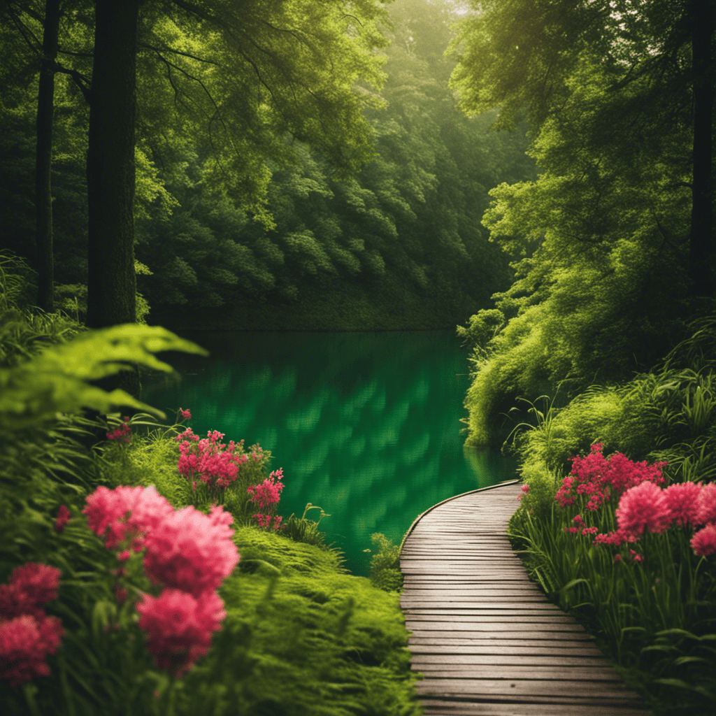 An image depicting a lush green forest, with a winding path leading to a serene lake