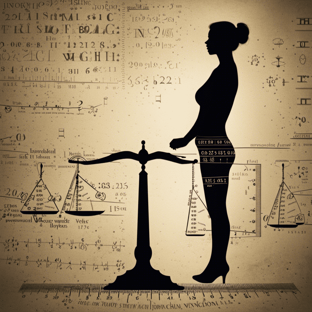 An image that depicts a silhouette of a person standing on a scale, surrounded by scientific equations and measurements