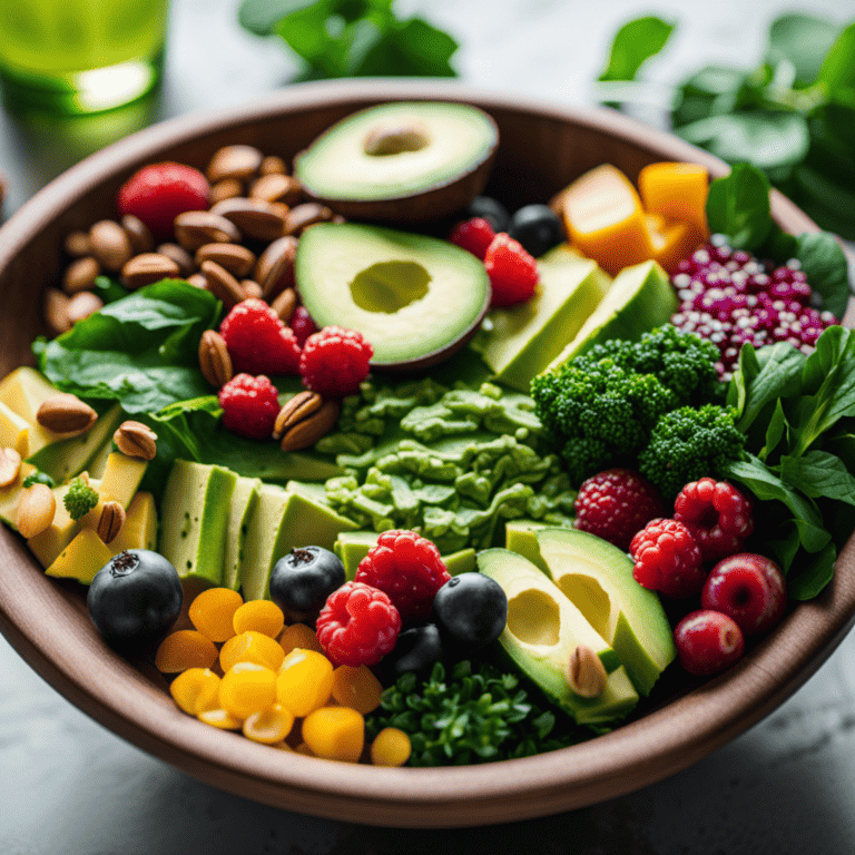 An image showcasing a vibrant bowl filled with nutrient-rich foods like leafy greens, colorful berries, avocado, and nuts, surrounded by fresh herbs and a glass of rejuvenating green juice