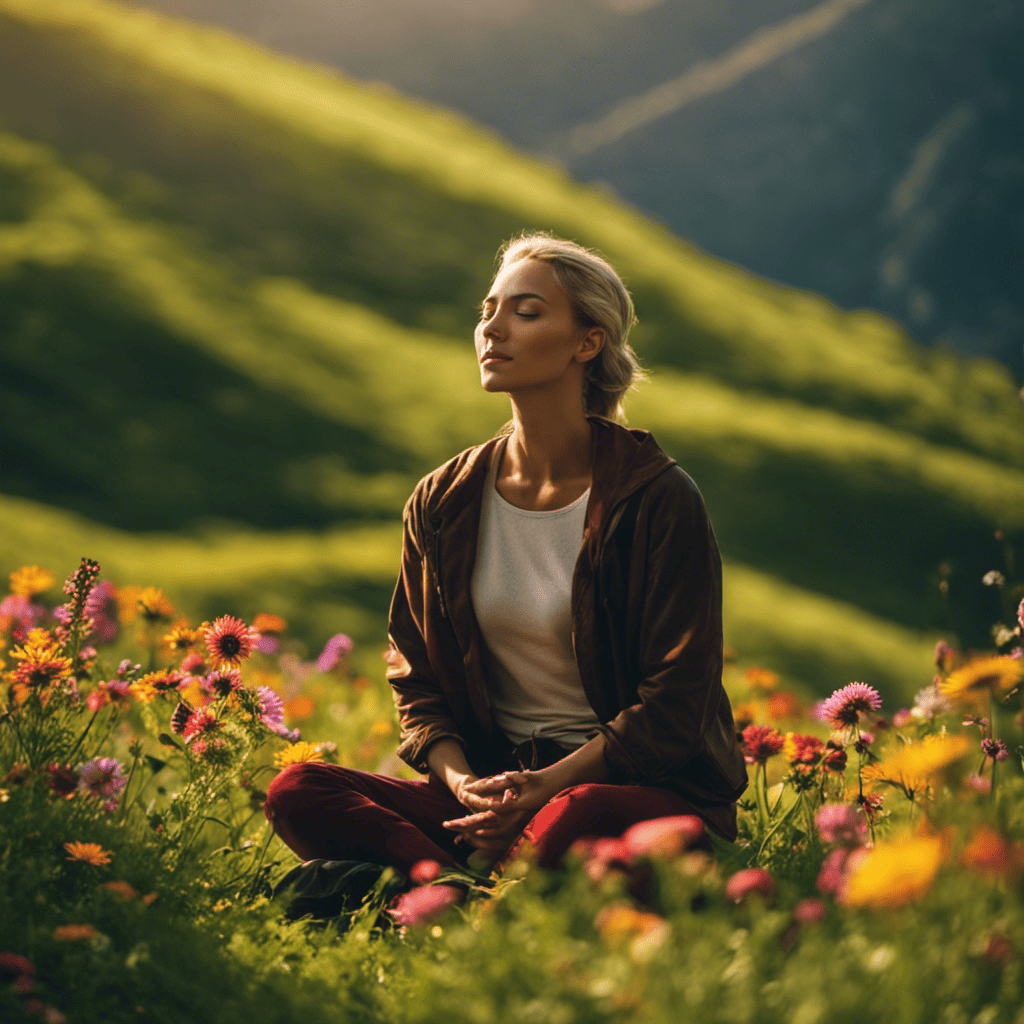 An image of a person sitting cross-legged on a lush green mountaintop, eyes closed, feeling the warmth of the sun on their face, surrounded by vibrant wildflowers, with a serene expression of pure bliss
