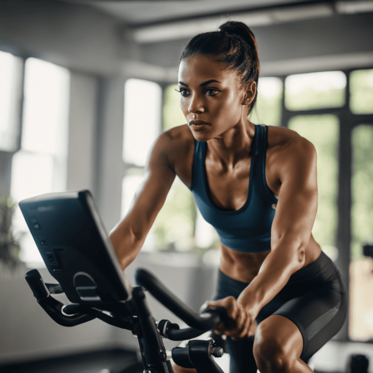 An image of a person doing high intensity interval training (HIIT) on a stationary bike, with sweat dripping down their face and their heart rate monitor displaying a high number