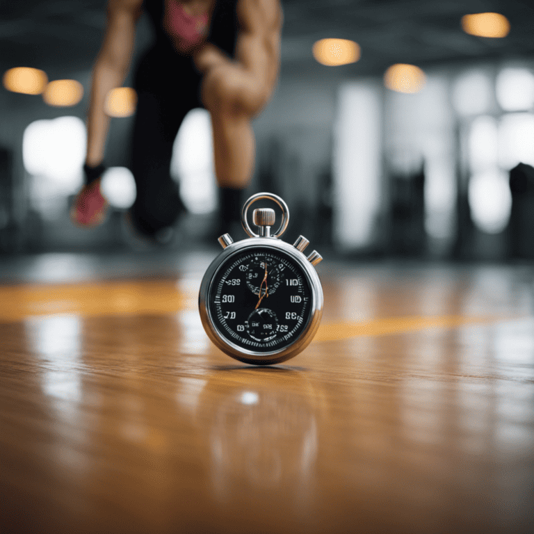 An image of a stopwatch on a gym floor surrounded by sweat drops and a person in workout clothes doing jumping jacks in the background