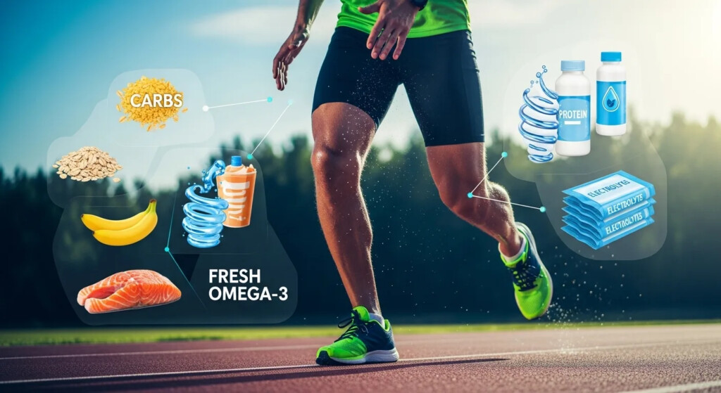 undefined Athletes in action with a caption nutrients for athletes on a chalkboard.