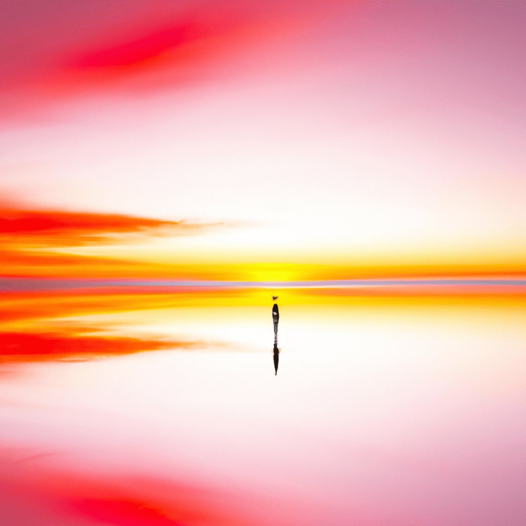 An image depicting a serene beach at sunrise, with vibrant hues of pink and orange filling the sky