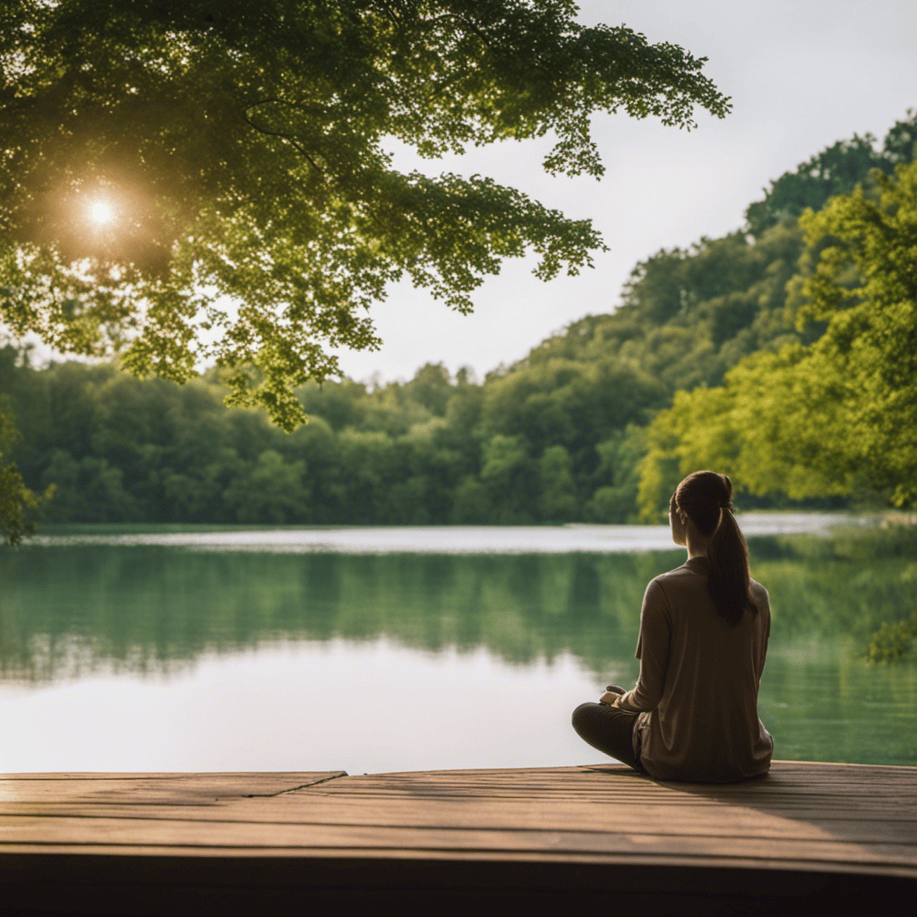 An image showcasing a serene outdoor setting, with a person practicing deep breathing exercises near a tranquil lake surrounded by lush greenery