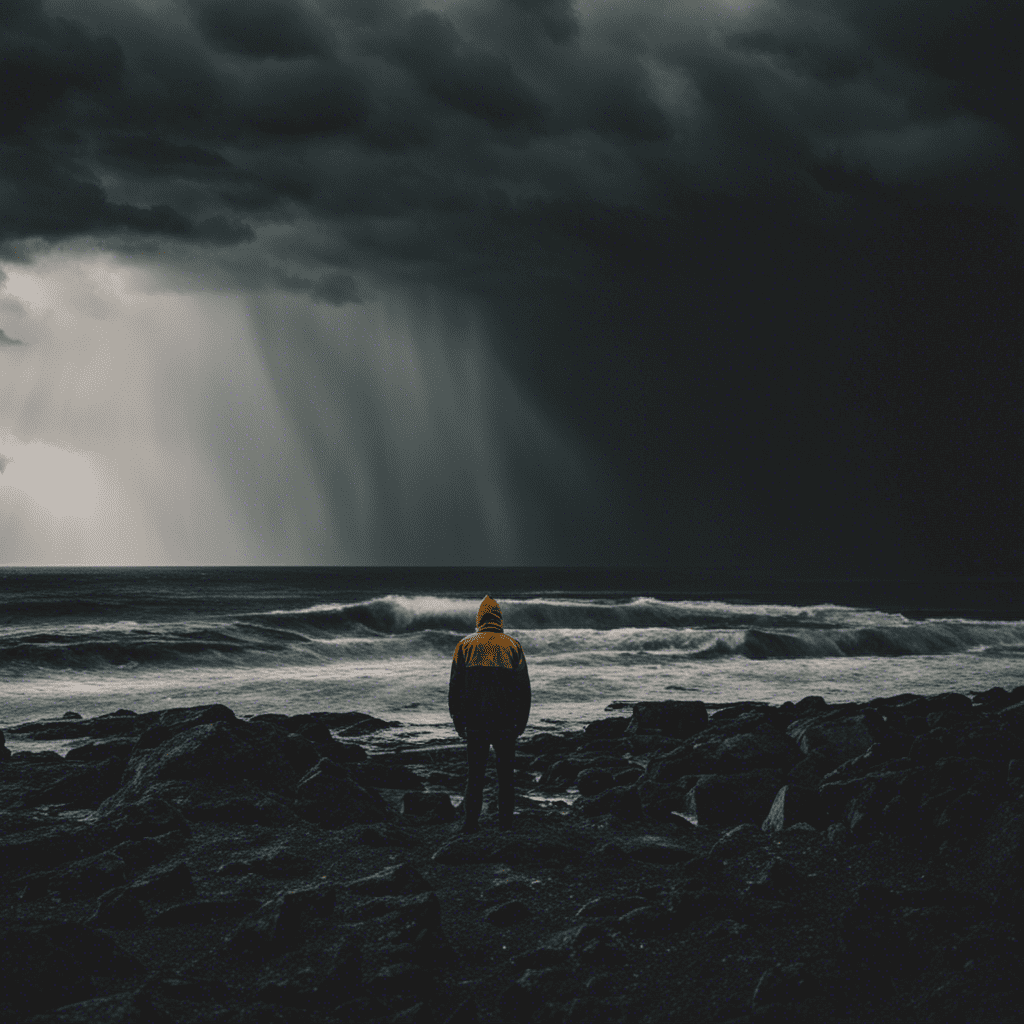  Create an image showcasing a solitary figure standing strong amidst a storm, their unwavering expression reflecting resilience