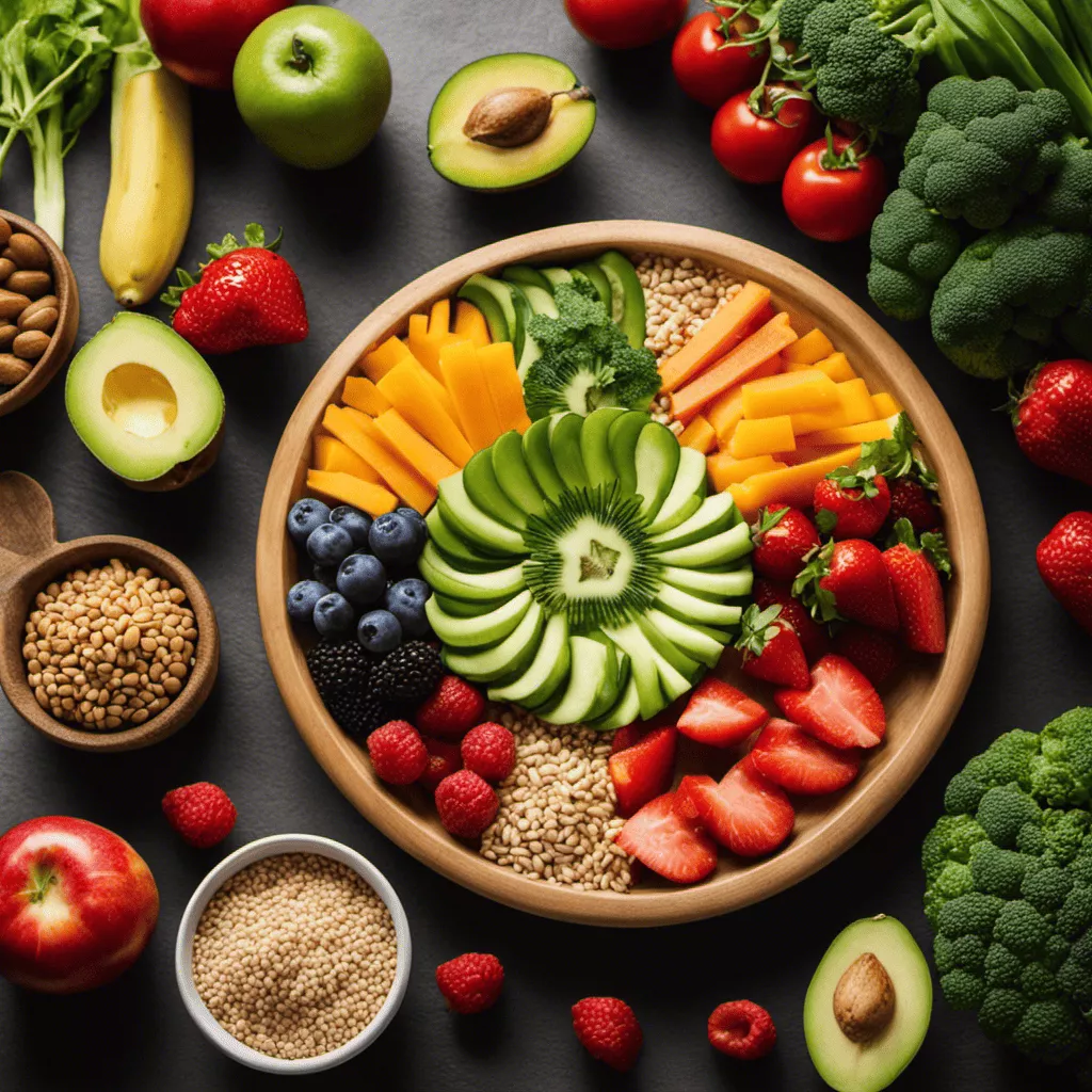 An image showcasing a colorful plate filled with nutrient-rich foods like lean proteins, vibrant fruits and vegetables, whole grains, and healthy fats