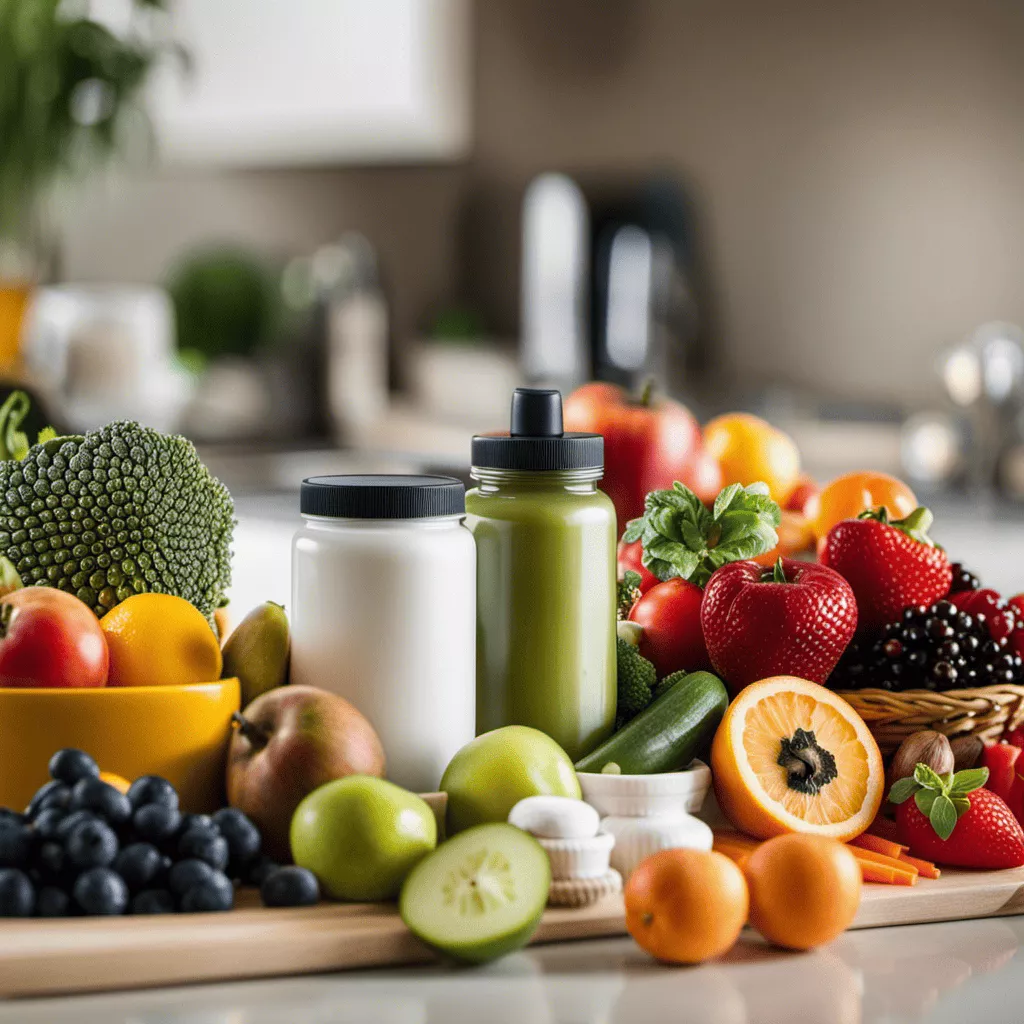 An image featuring a well-organized kitchen counter with a variety of supplements neatly placed alongside fresh fruits and vegetables, showcasing the importance of supplementation in achieving optimal fitness results